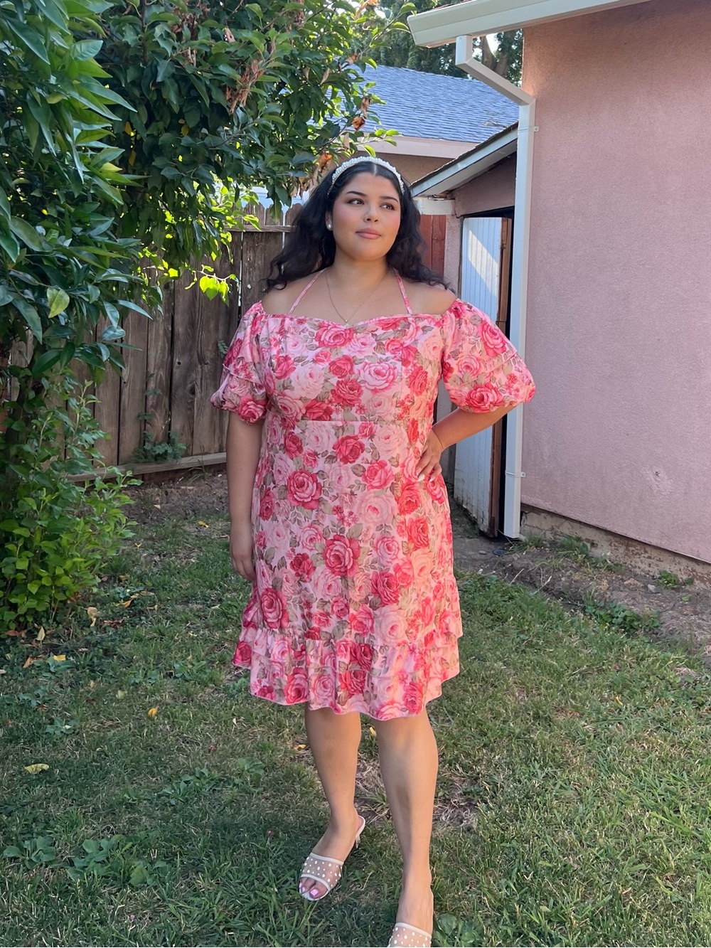Pink Rose Floral Cottagecore Puff Sleeve Mini Dress 4X